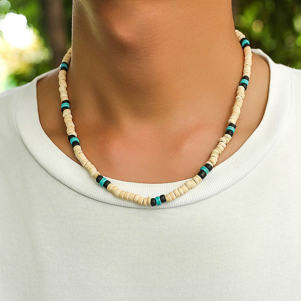 18″ Wood & Coconut Shell Bead Necklace – Natural Boho Surfer Style, Adjustable