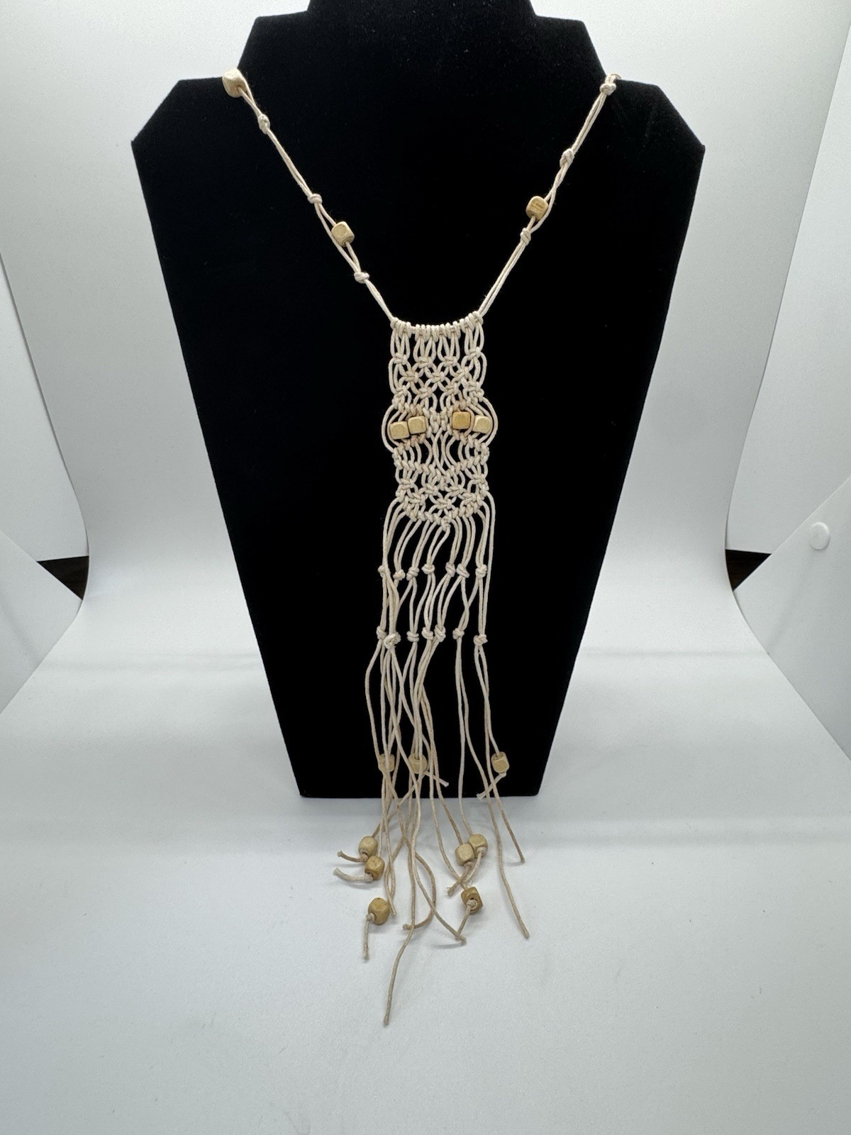 Handmade Boho Macramé Fringe Necklace Adjustable Natural Wood Beads Artisan