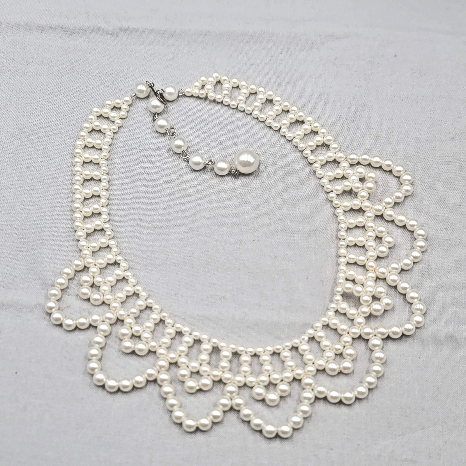 White Crochet Faux Pearl Bib Collar Necklace Ginsburg 16″-18″