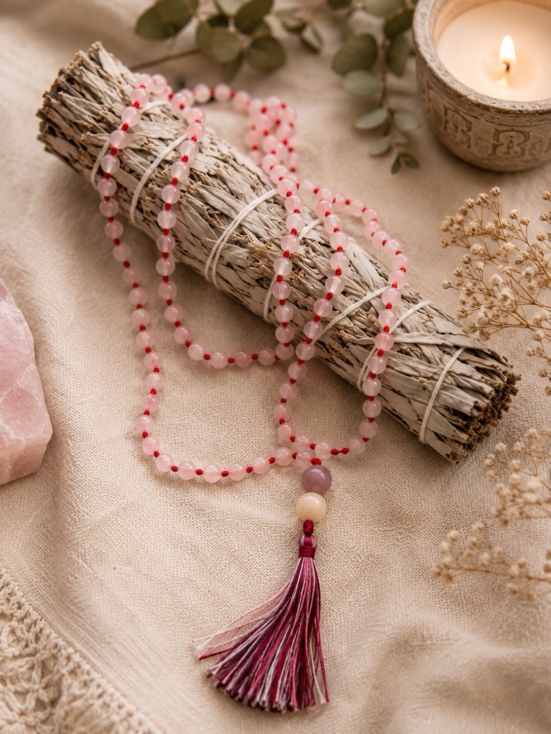 Pink Rose Quartz Mala Necklace | 6mm Knotted Gemstone Beads | Heart Chakra