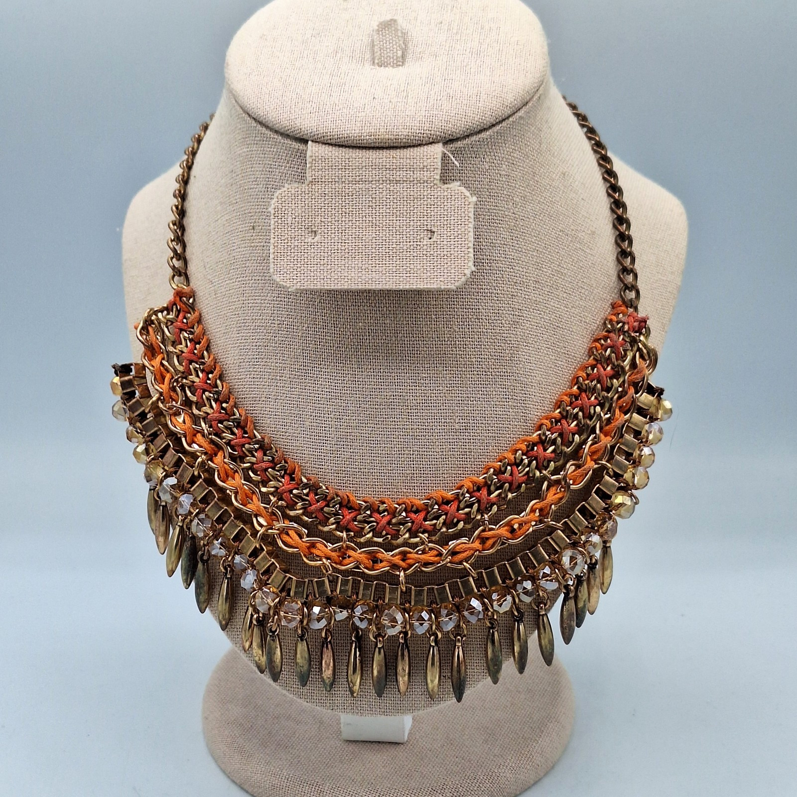 Cara New York Rhinestone Leather And Bead Statement Bib Necklace Gold Tone 20″