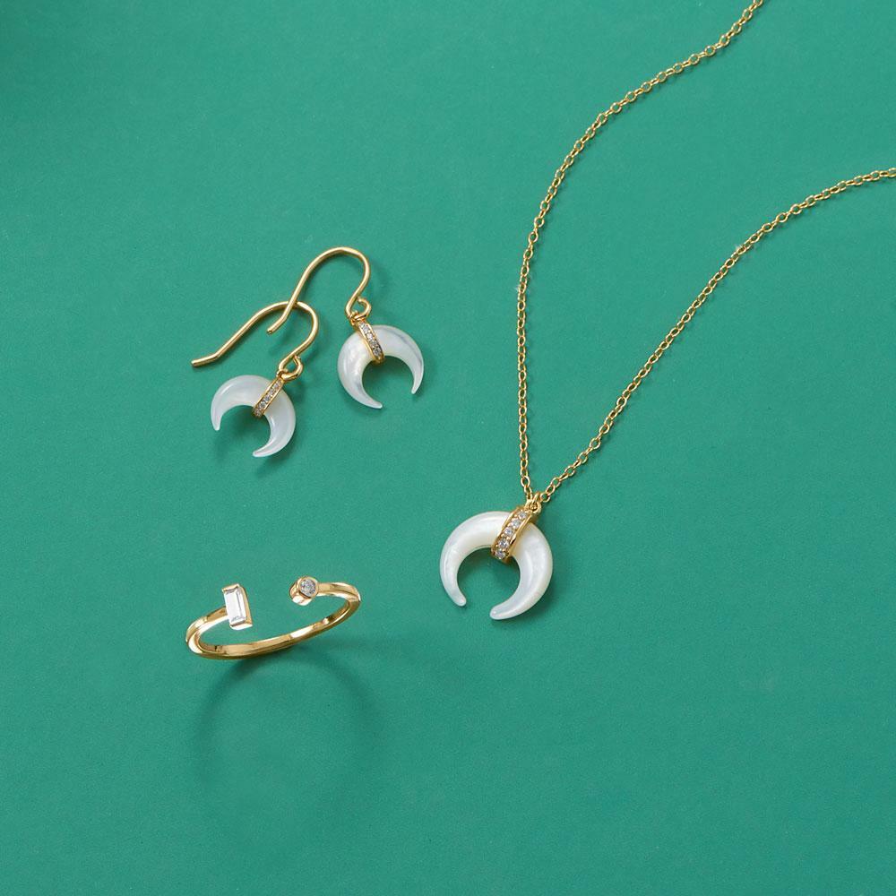 15″+2″ Mother of Pearl and CZ Crescent Gold-Plated Necklace 925 Sterling Silver