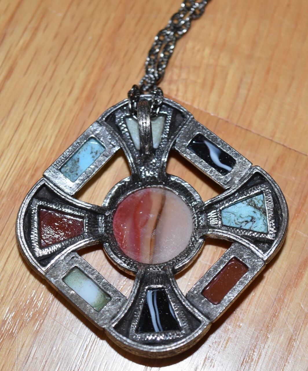 Lot of 2 Miracle Brooch & Celtic Cross Pendant Necklace Pin Faux Agate England