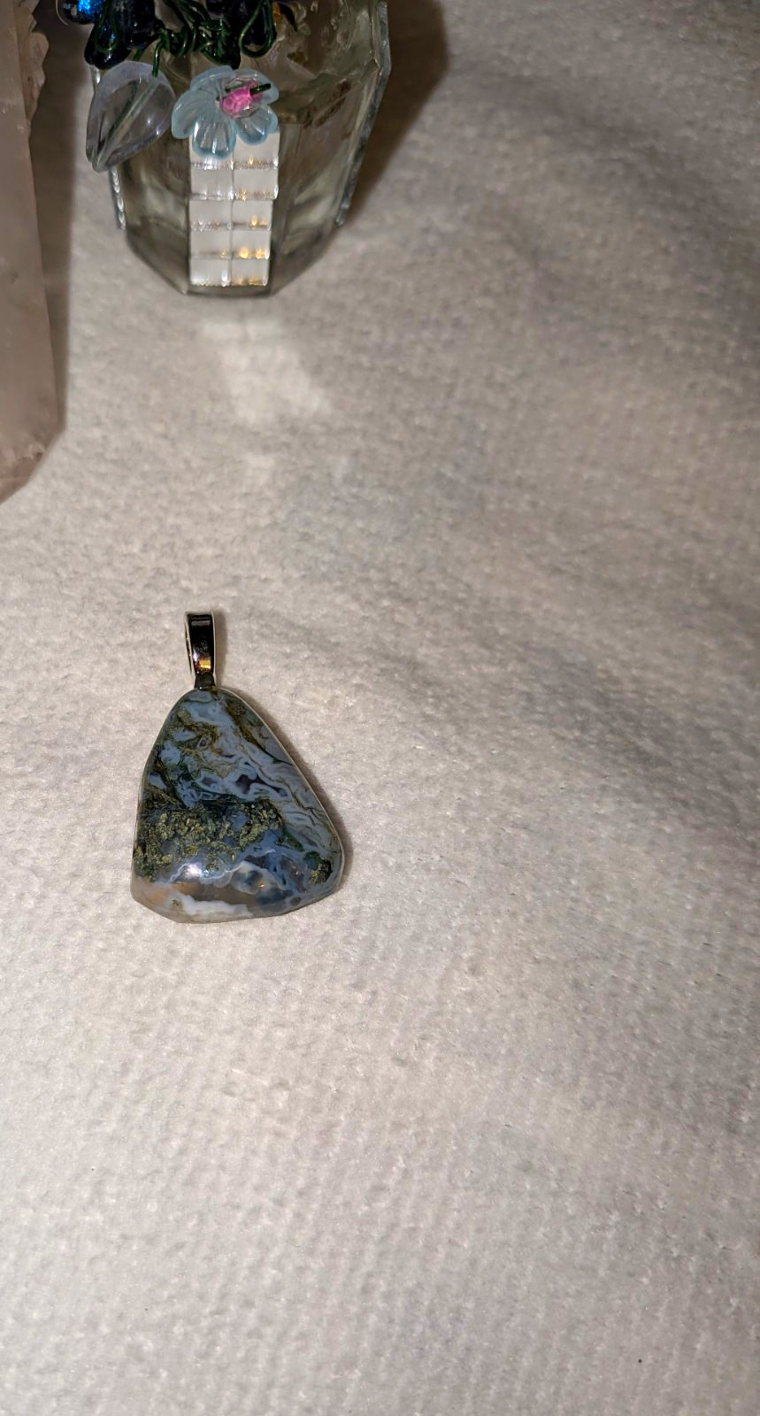 Gray Blue Green Freeform Stone Charm Pendant Silver Tone Bail Cord Undated