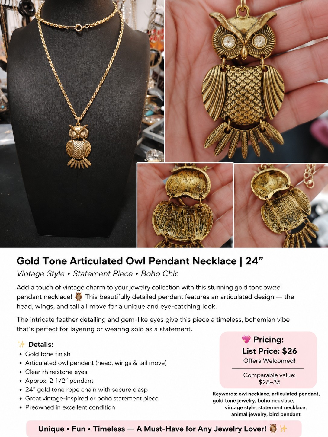 Gold Tone Articulated Owl Charm Pendant Necklace 24in Clear Rhinestone Eyes