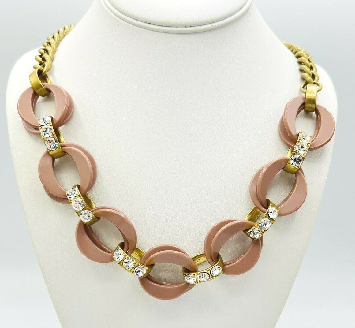 J Crew Antique Gold Tone Crystal Rhinestone Acrylic Mauve Link Necklace