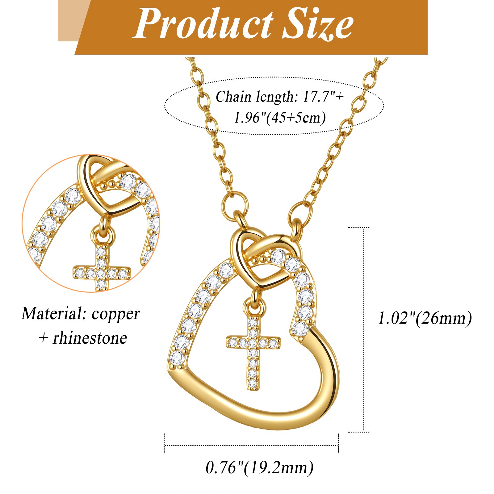 Womens Heart Cross Pendant Necklace Religious Faith Gold Tone Chain Jewelry Gift