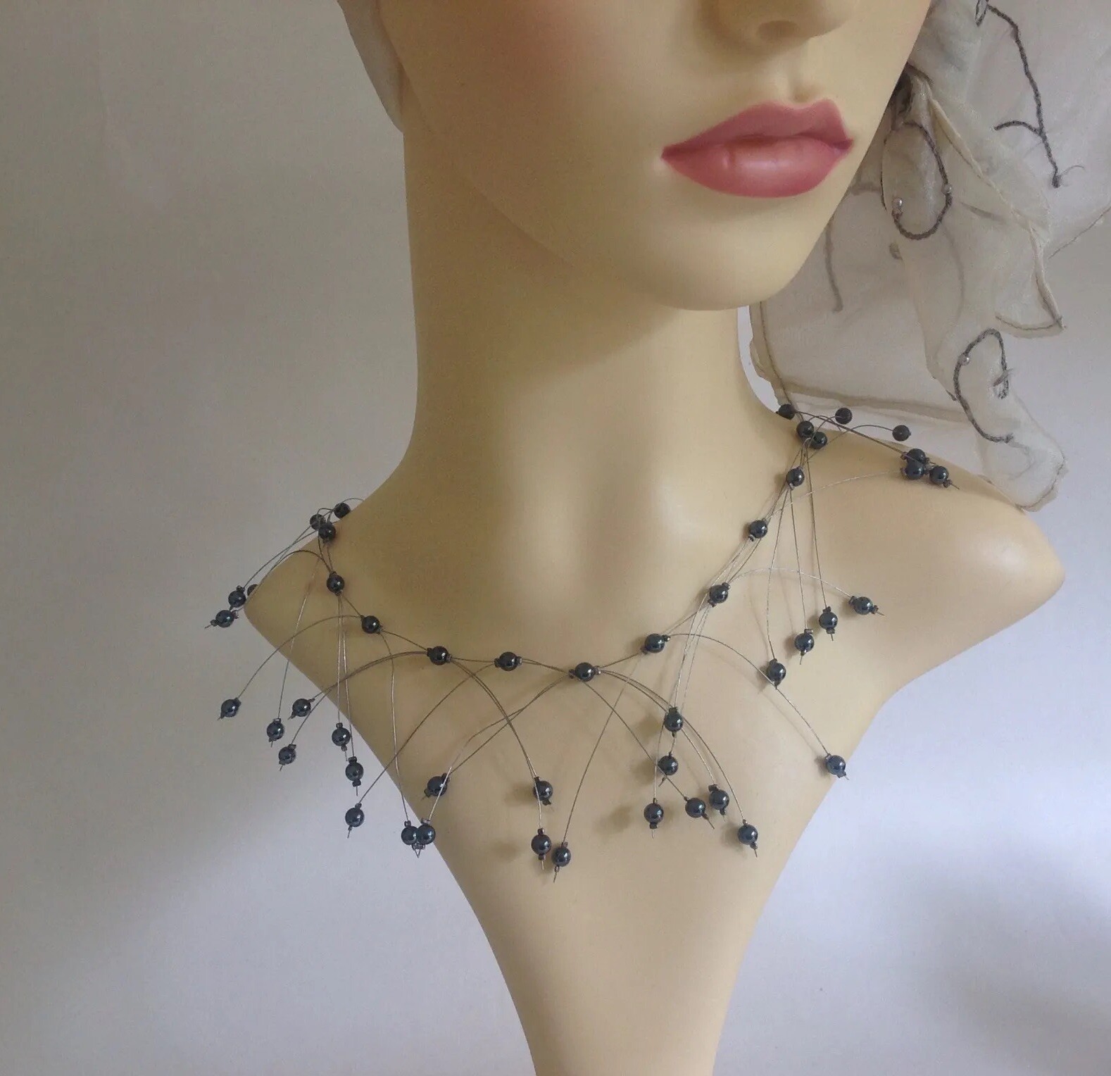 Handmade Delicate 16 Inch Necklace With Glass Pewter Beads And Steel Wire