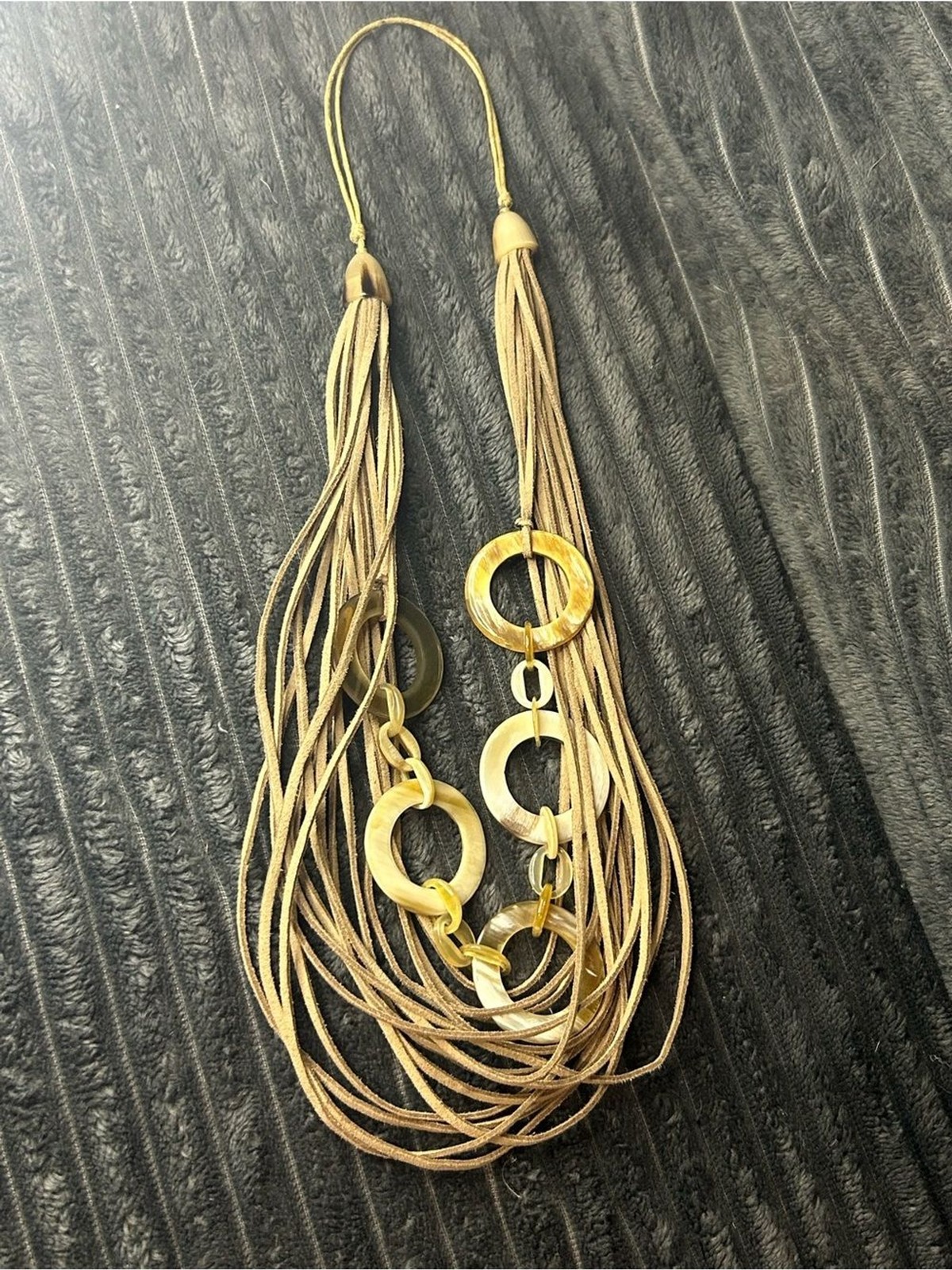 Tassel Multi-Strand Taupe Necklace with Gold & Cream Rings