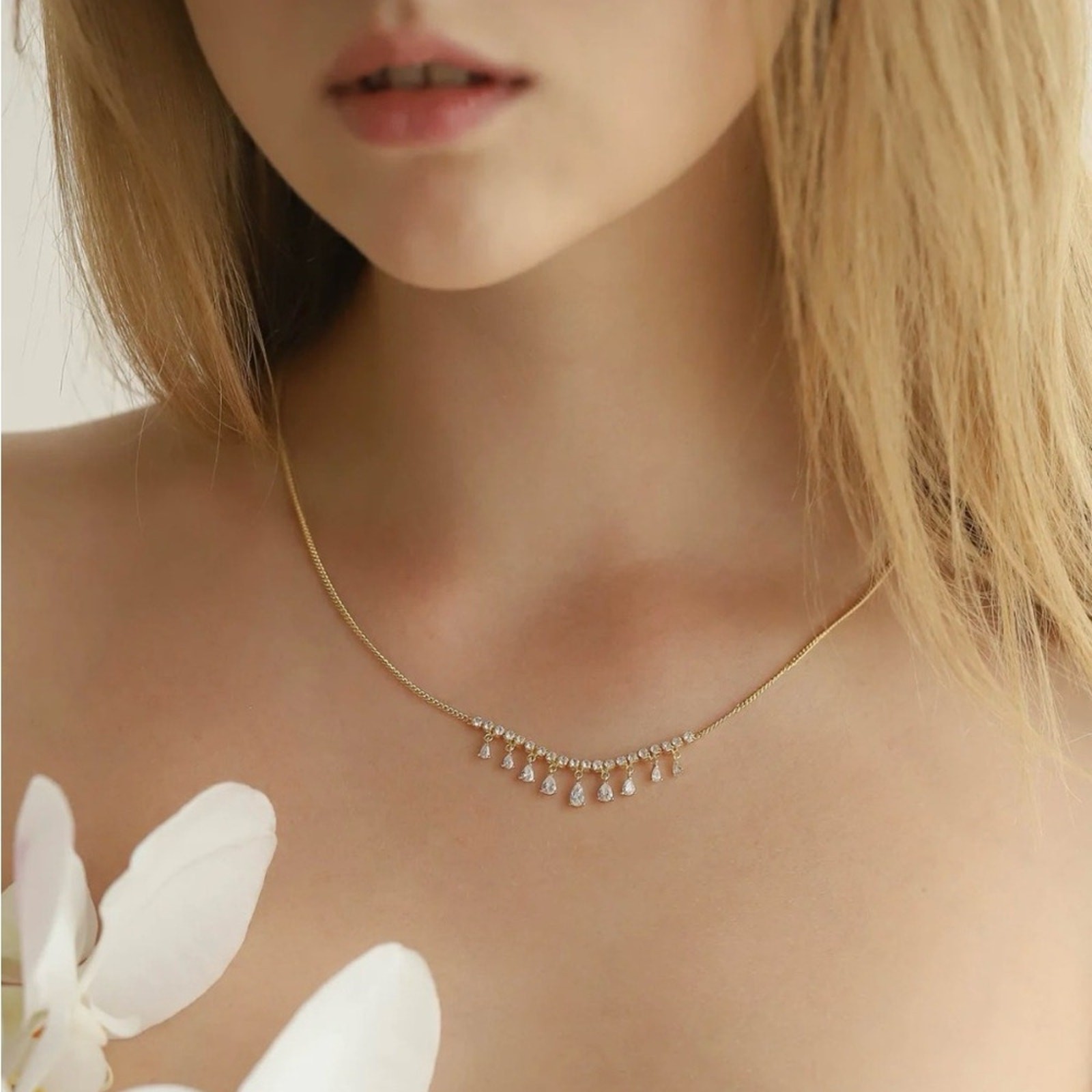 Anthropologie Tai Dainty Delicate Dangling Crystal 14K Gold Plated Necklace NWT