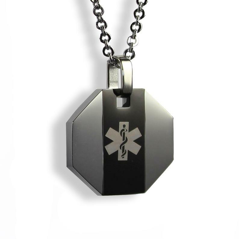 Medical Alert ID Pendant Necklace Stainless Steel Custom Engrave Gray 27in Chain