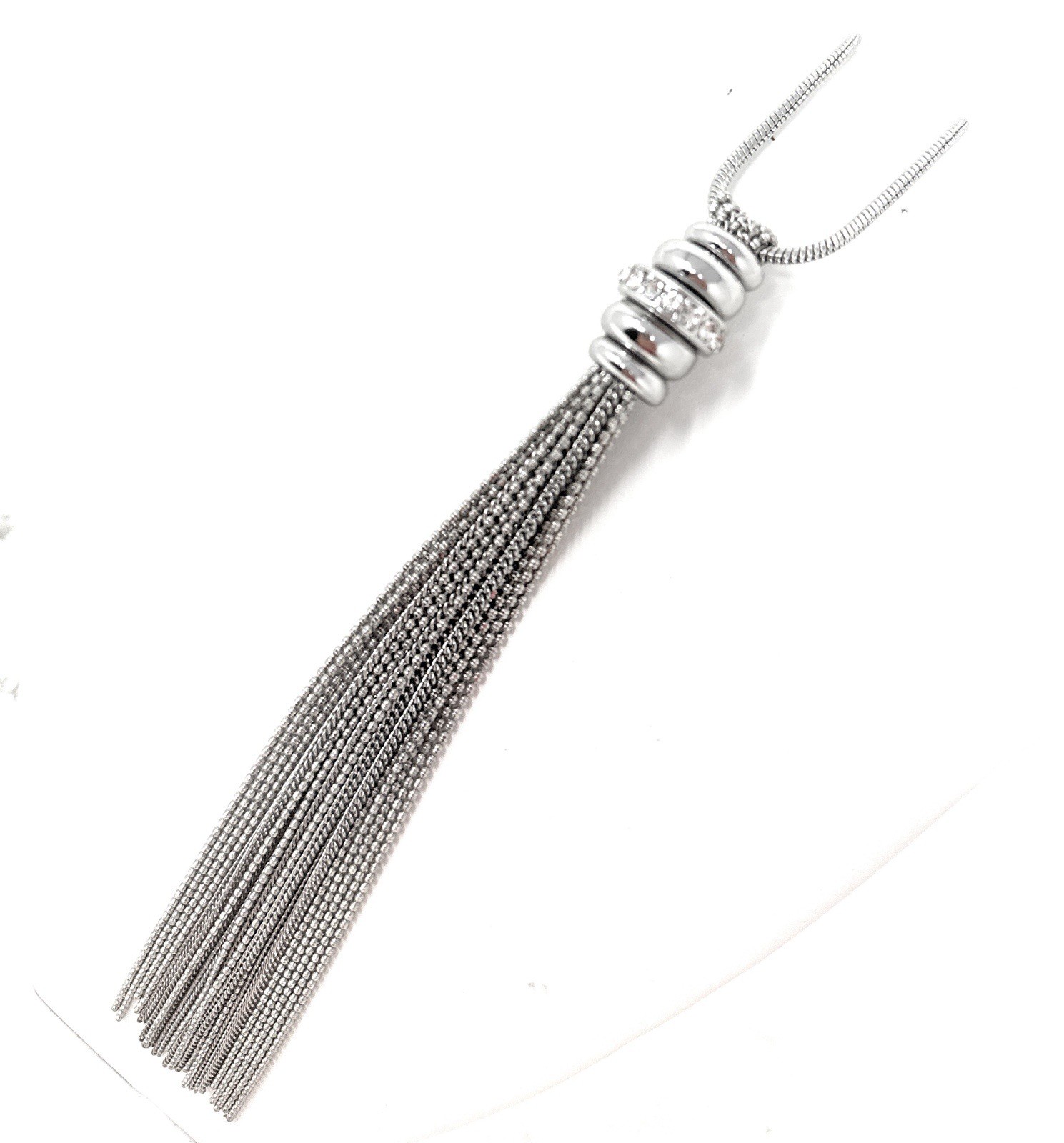 Unsigned Crystal Lariat, 7 Inch Tassel Necklace 28 To 30 Inch Long Snake Chain