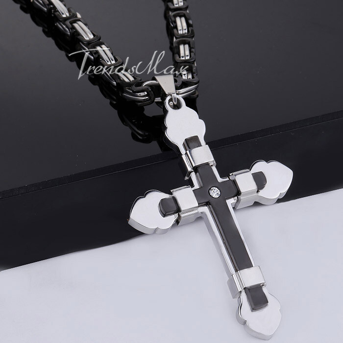18-30″ Mens Stainless Steel Chain Necklace Cross Pendant Black&Silver Byzantine