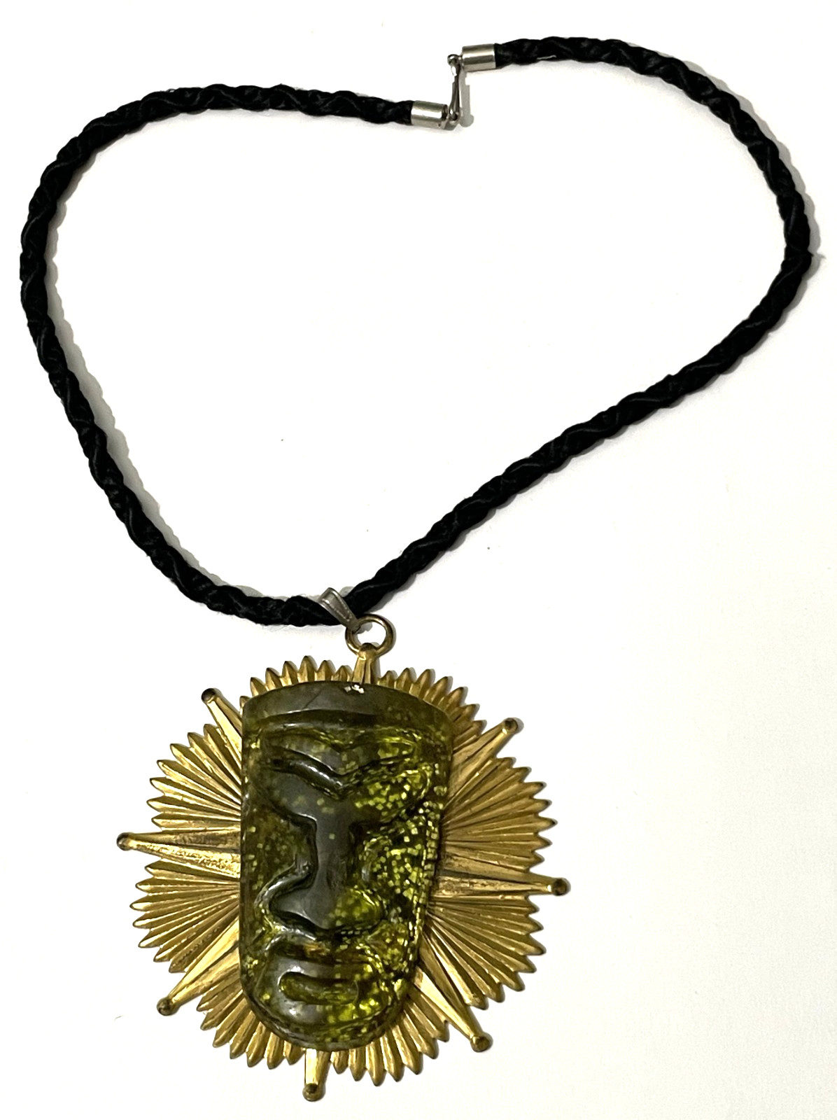 Vtg Gold Tone Sunburst Pendant Necklace w/ Green Acrylic / Resin Warrior Mask.