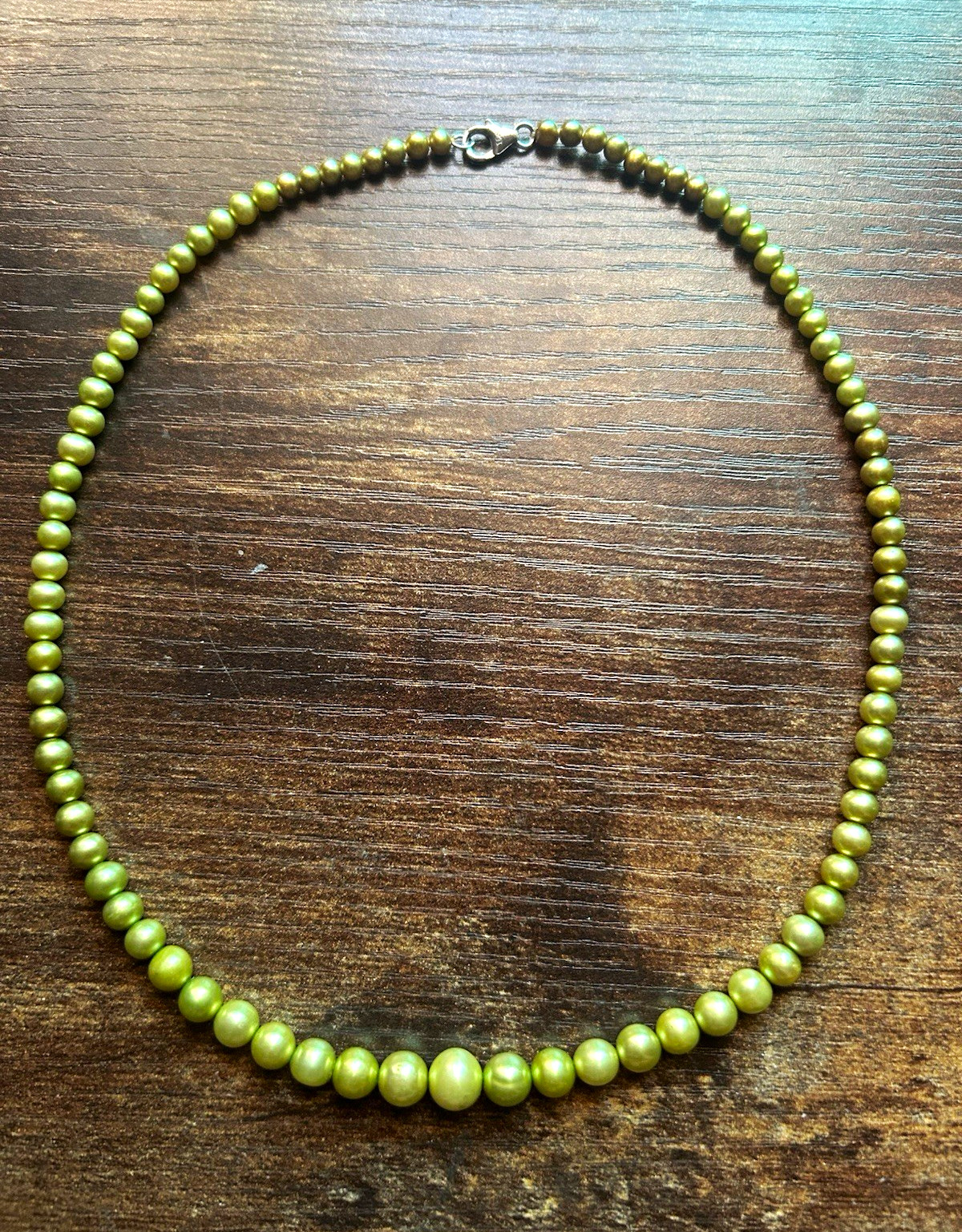Silver Tone Beaded Necklace Green Pearls Lobster Clasp 18in