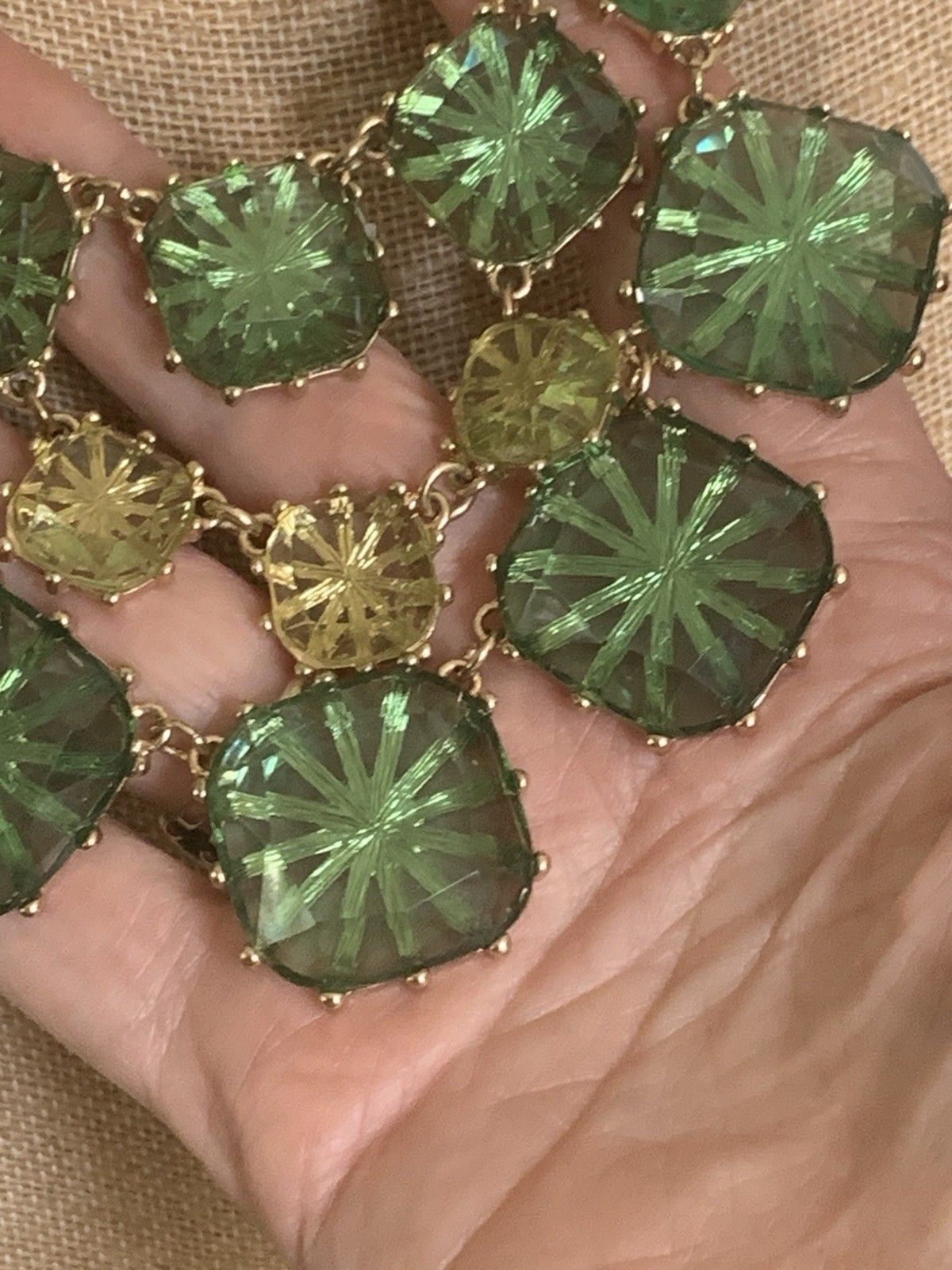 Green Gold Tone Layered Cabochons Statement Bib Necklace Translucent
