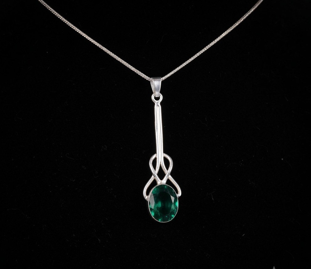 Sterling Silver Celtic Knot Emerald Pendant Necklace, Vintage Art Deco Statement