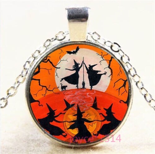 New! HALLOWEEN DANCING WITCHES Cabochon Glass Silver Chain Pendant Necklace