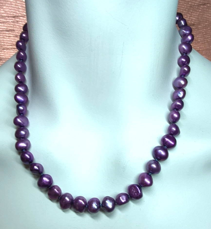 Purple Dyed Freshwater Pearl Necklace 925 Sterling Silver Magnetic Clasp 40cm