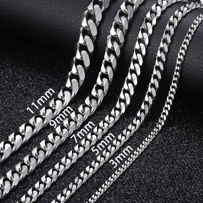 16-36″ Stainless Steel Silver Chain Cuban Curb Womens Mens Necklace 3/5/7/9/11mm