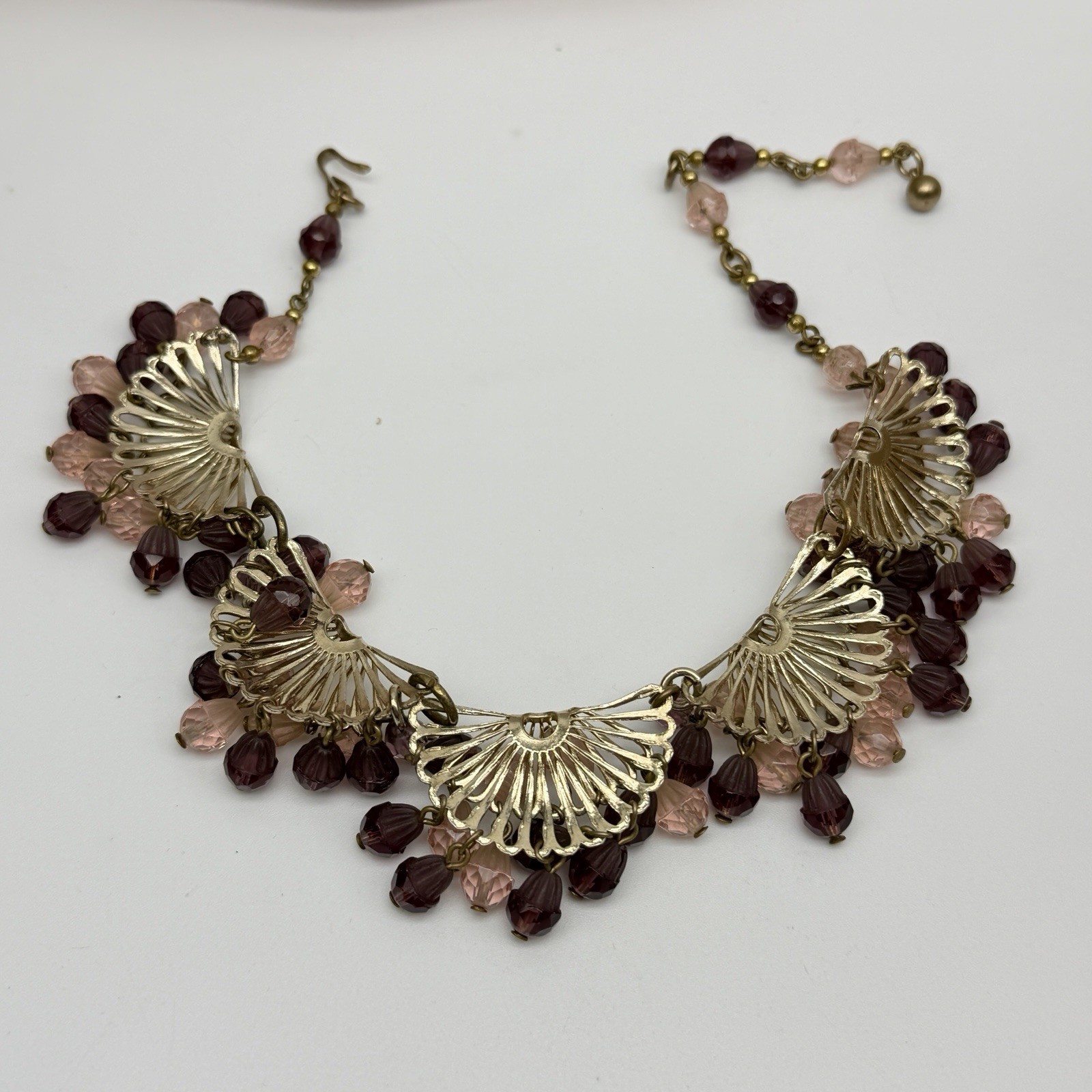 Vintage Purple Pink Glass Necklace Statement Scallop Bib Beaded Choker 15”