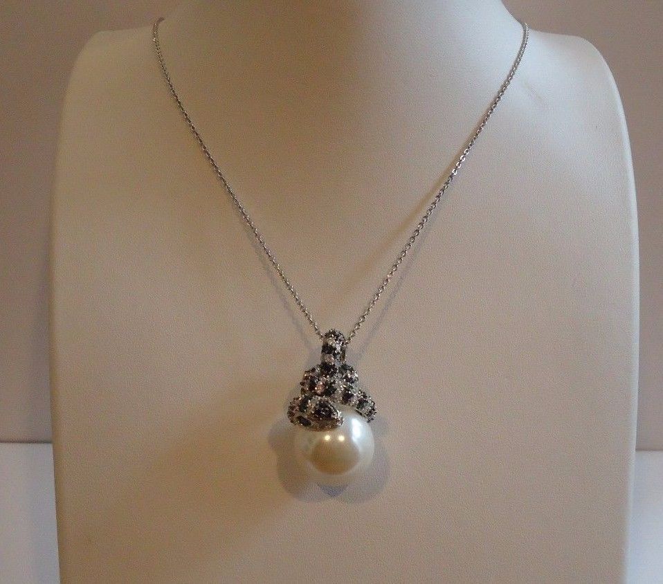 925 STERLING SILVER SNAKE NECKLACE PENDANT W/ 15MM WHITE PEARL & 3.50 CT ACCENTS