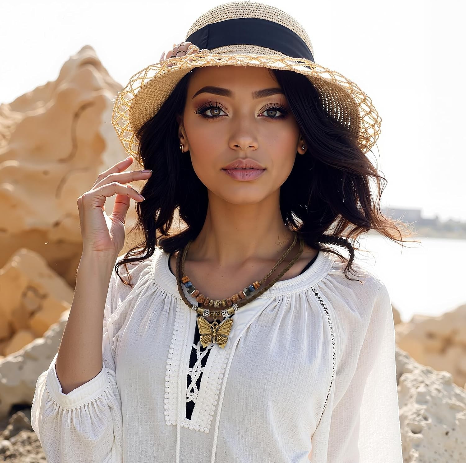 Bohemian Butterfly Pendant Necklace: Adjustable Wooden Beads & Braided Choker