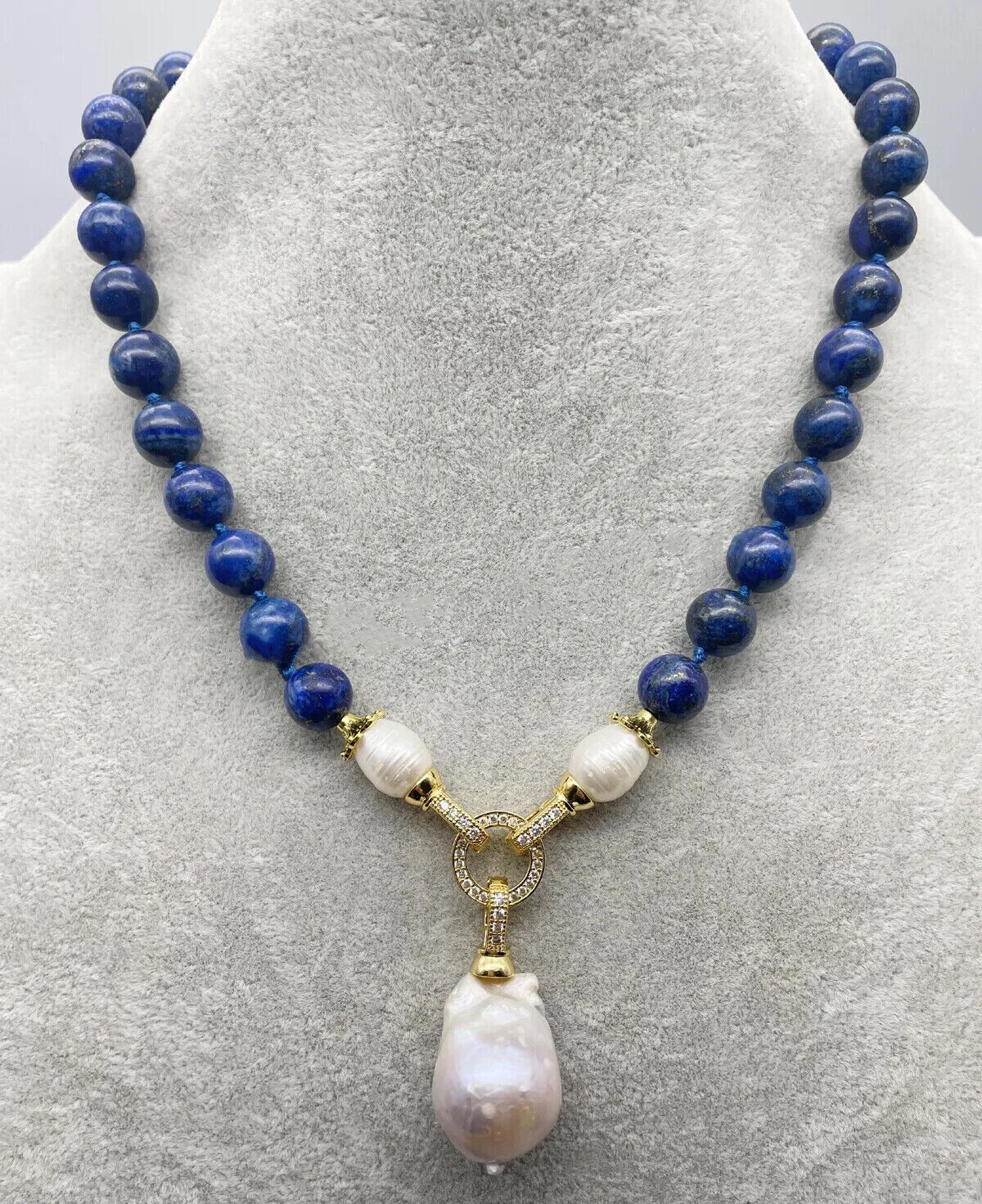 Blue Lapis Lazuli Natural White Keshi Baroque Pearl Pendant Necklace 6/8/10/12mm