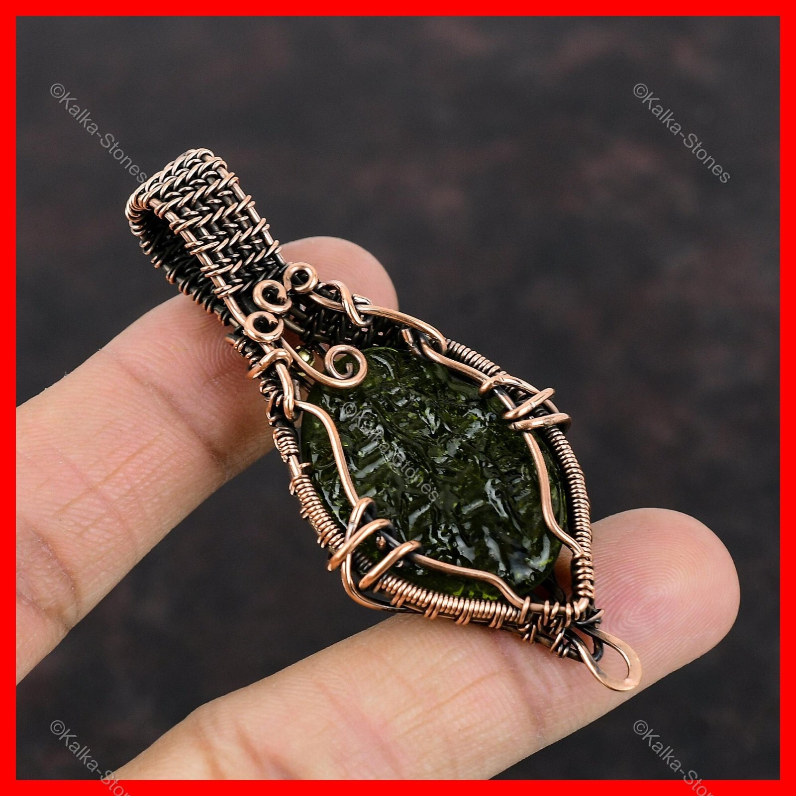 Copper Oval Moldavite Gemstone Boho Ethnic Wire Wrapped Third Eye Chakra Pendant