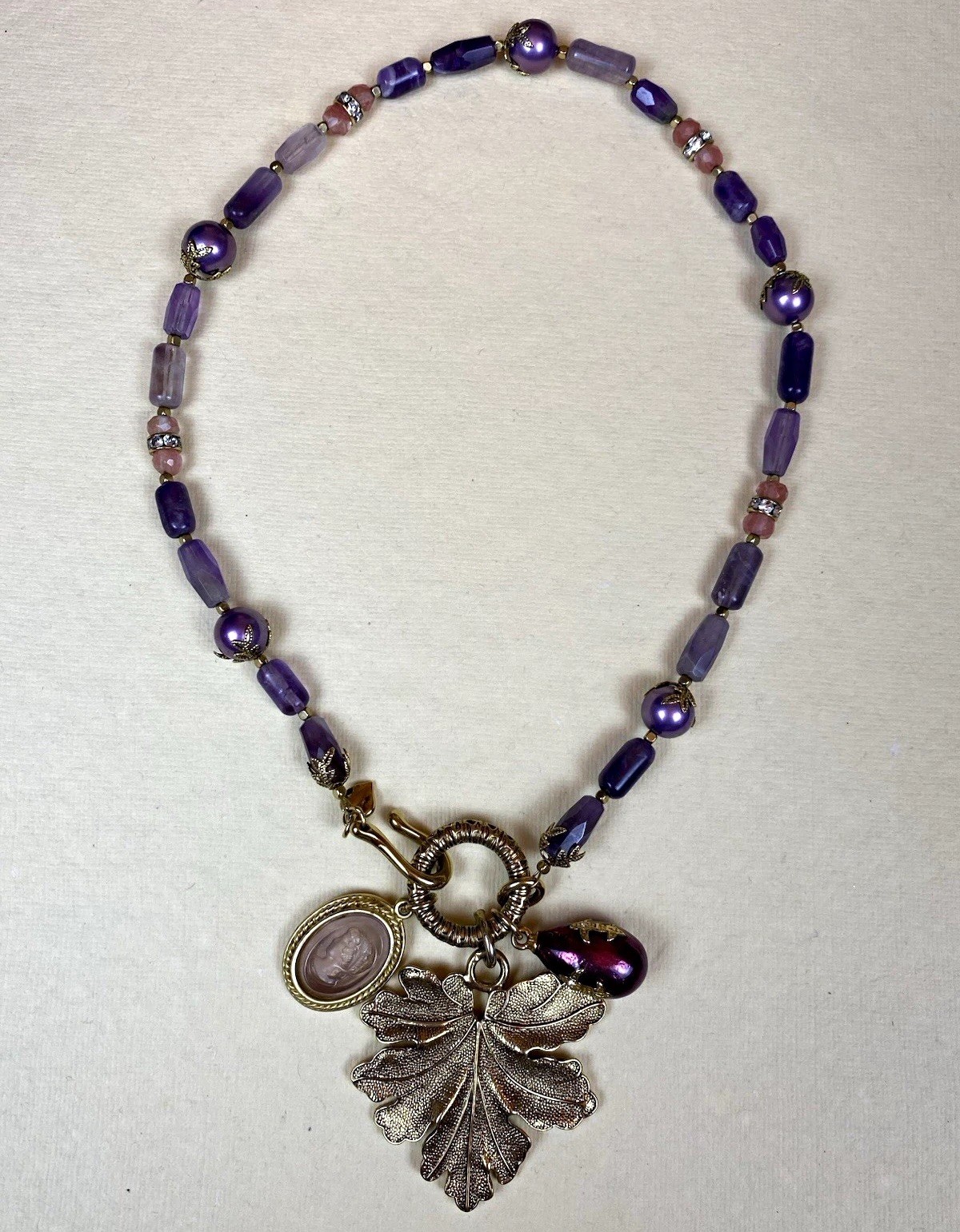 Signed Carolee Purple Beaded Charm Necklace Oak Leaf Acorn Cameo Statement