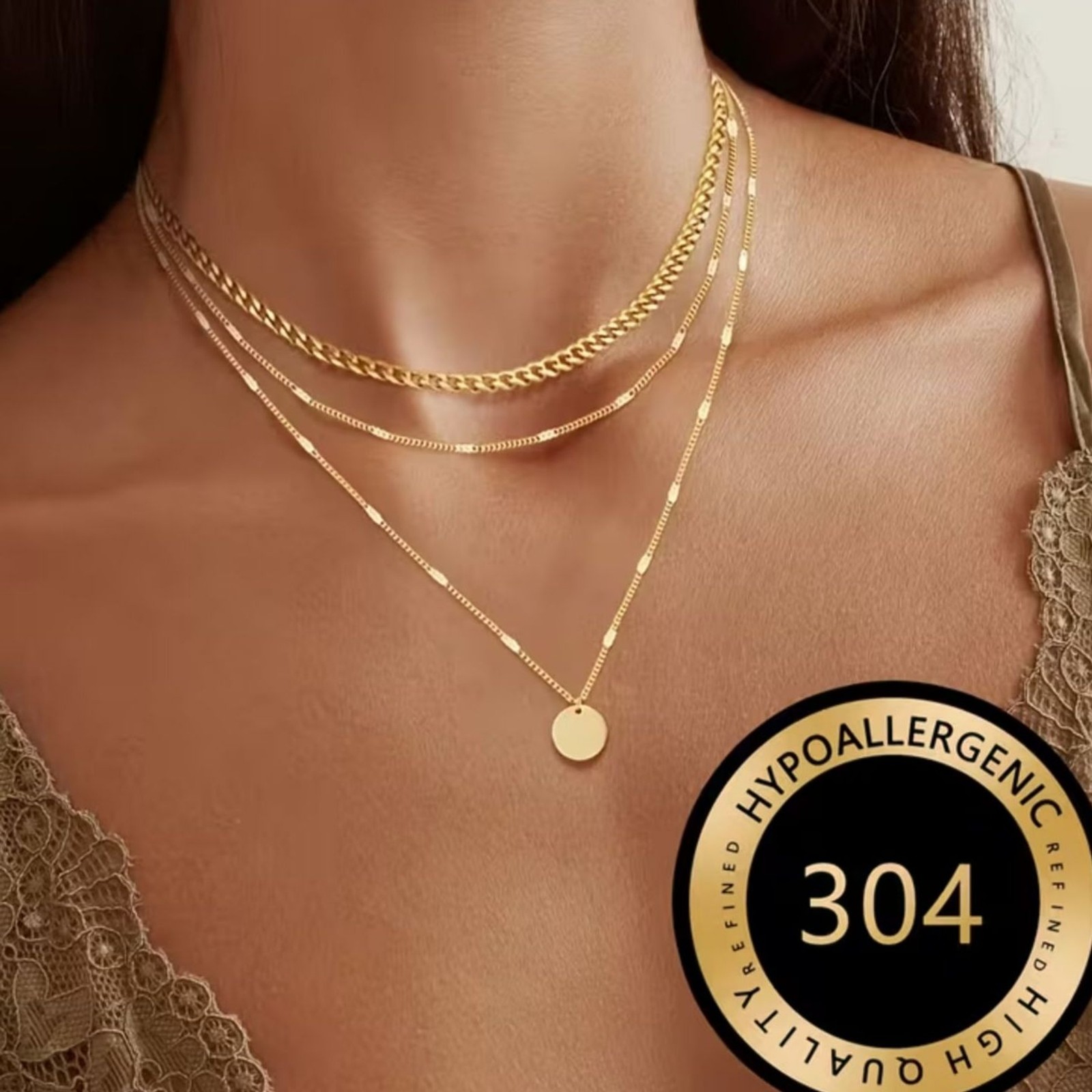 Triple Strand Gold Layered Necklace Round Pendant Adjustbl Stainless Chain Charm
