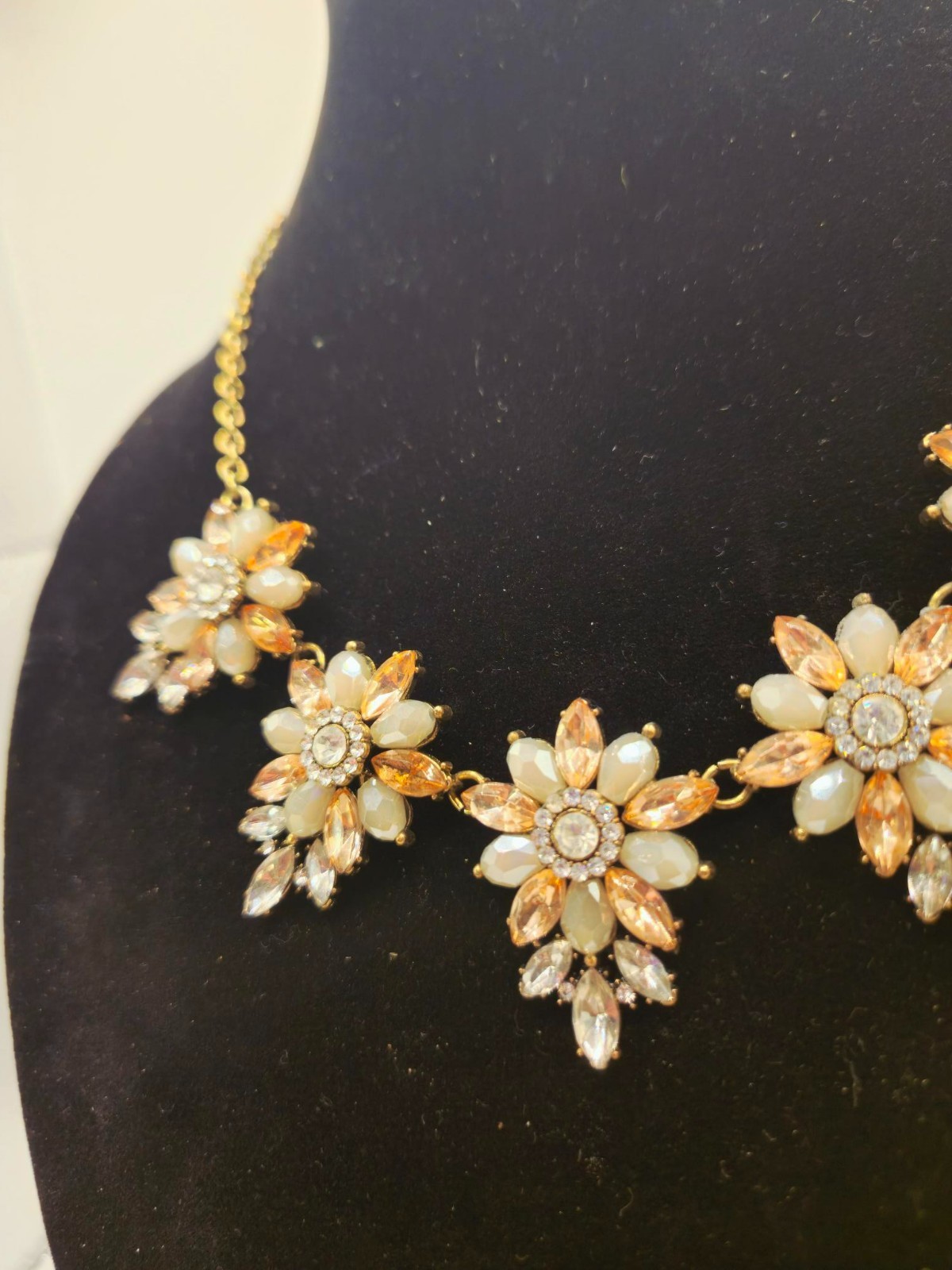 J.Crew Gold Tone Peach & Cream Crystal Floral Bib Statement Necklace