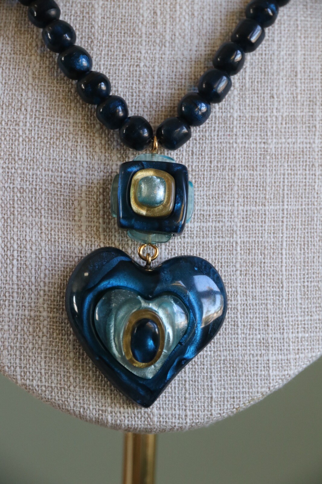 Dominique Denaive Paris Sapphire Blue Heart Natural Resin Necklace