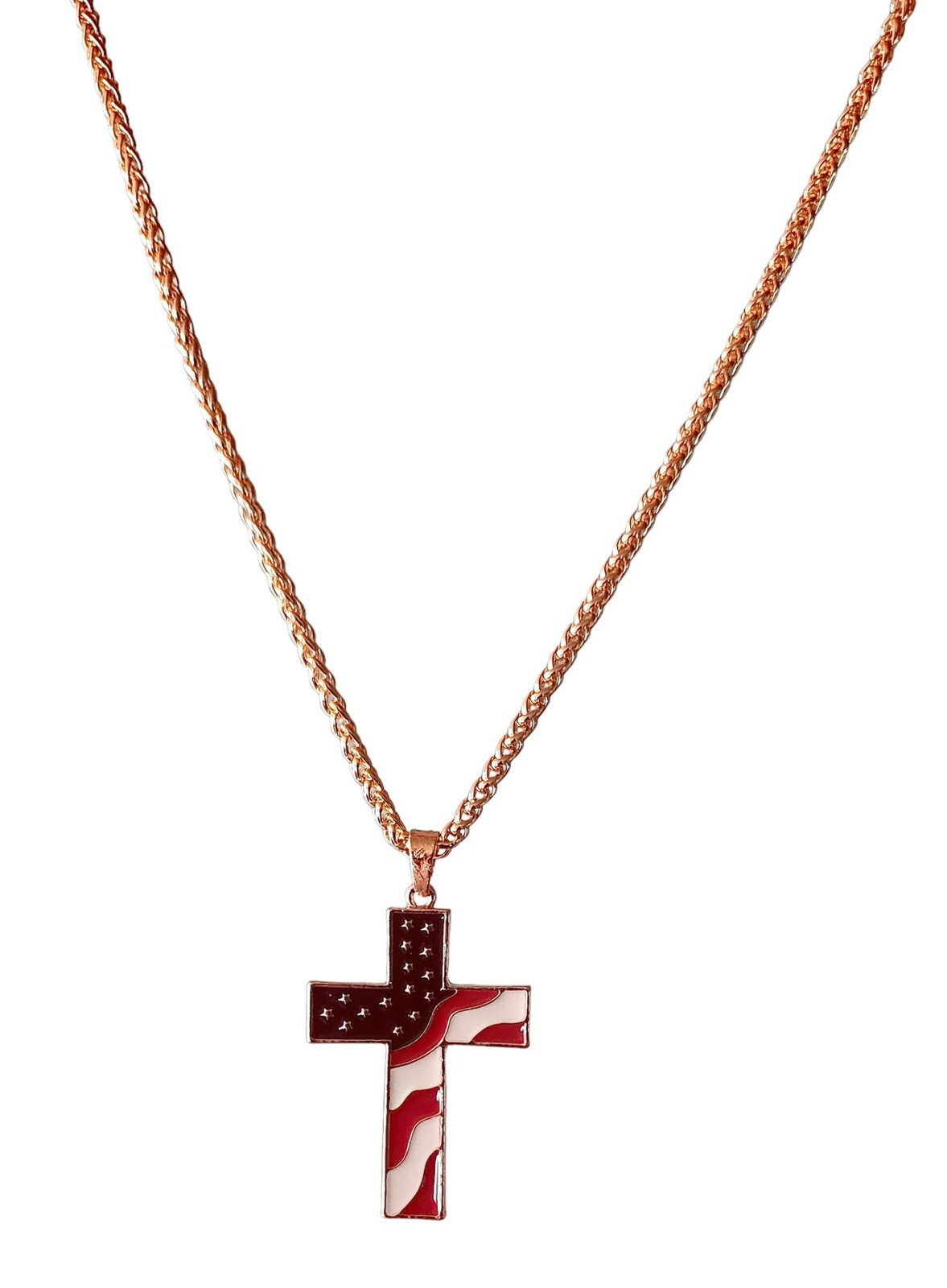 American Flag Cross Gold Color Necklace with 24 inch box chain