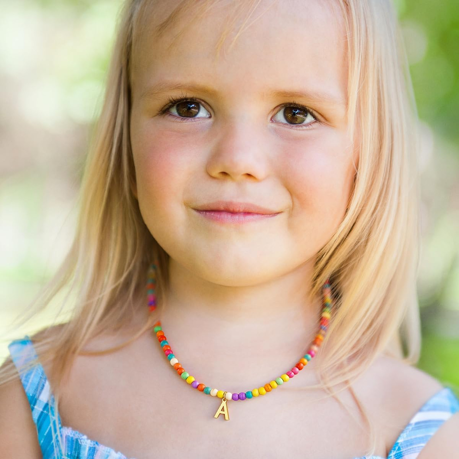 Colorful Initial Necklace for Girls Women Kids, Beaded Pendant, 16 Plus 2 Inch