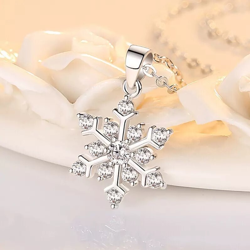 .925 Silver Delicate Small Snowflake Pendant Necklace w/ Crytsal Highlights