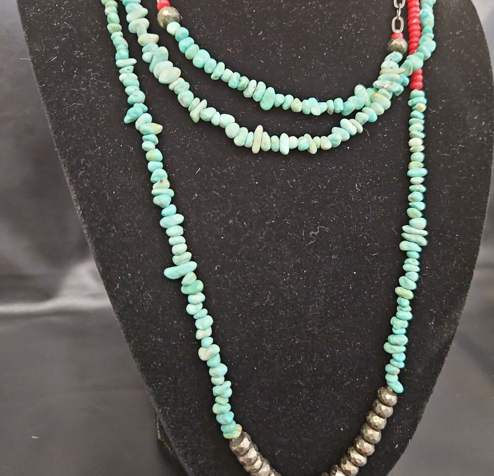 Multi-Strand Turquoise, Marcasite, Coral Bead Layered Necklace