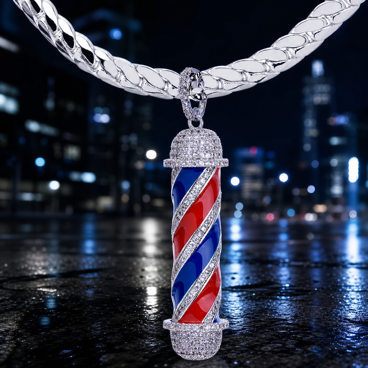 Silver Plated Iced Barber Shop Pole Pendant 24″ Miami Cuban Chain Hip Hop Bling