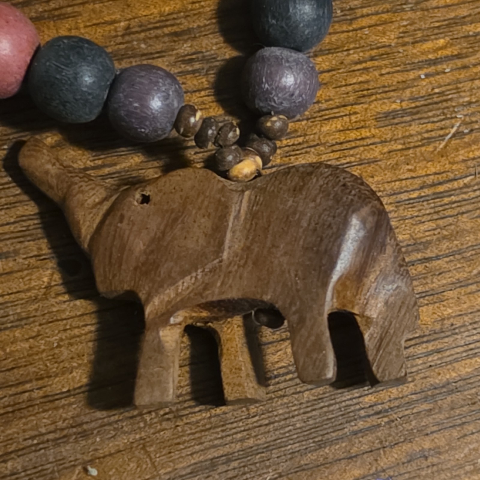 Wood Bead Strand Necklace, Handcrafted Elephant & Zebra Charms, Brown/Black