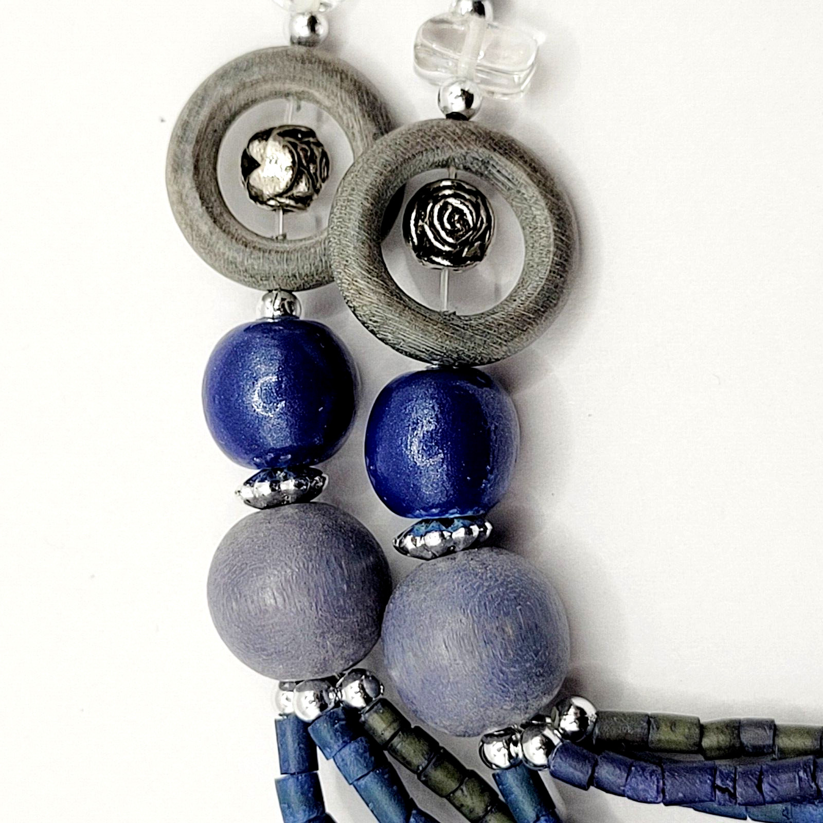 Mixed Material Wood Glass Metal Blue Heishi Style Multi Strand Beaded Necklace