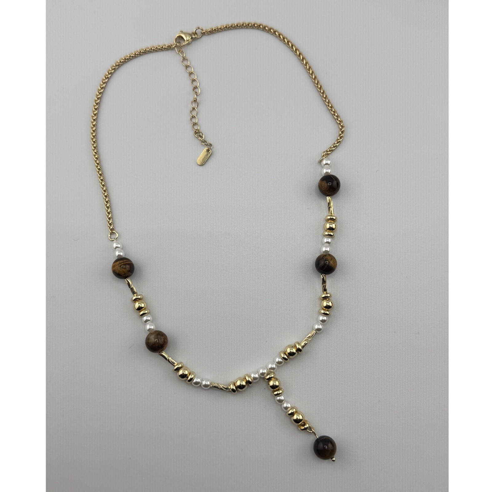Gold Tone Tiger Eye and Faux Pearl Y-Drop Necklace Brown White Beaded Adjustable