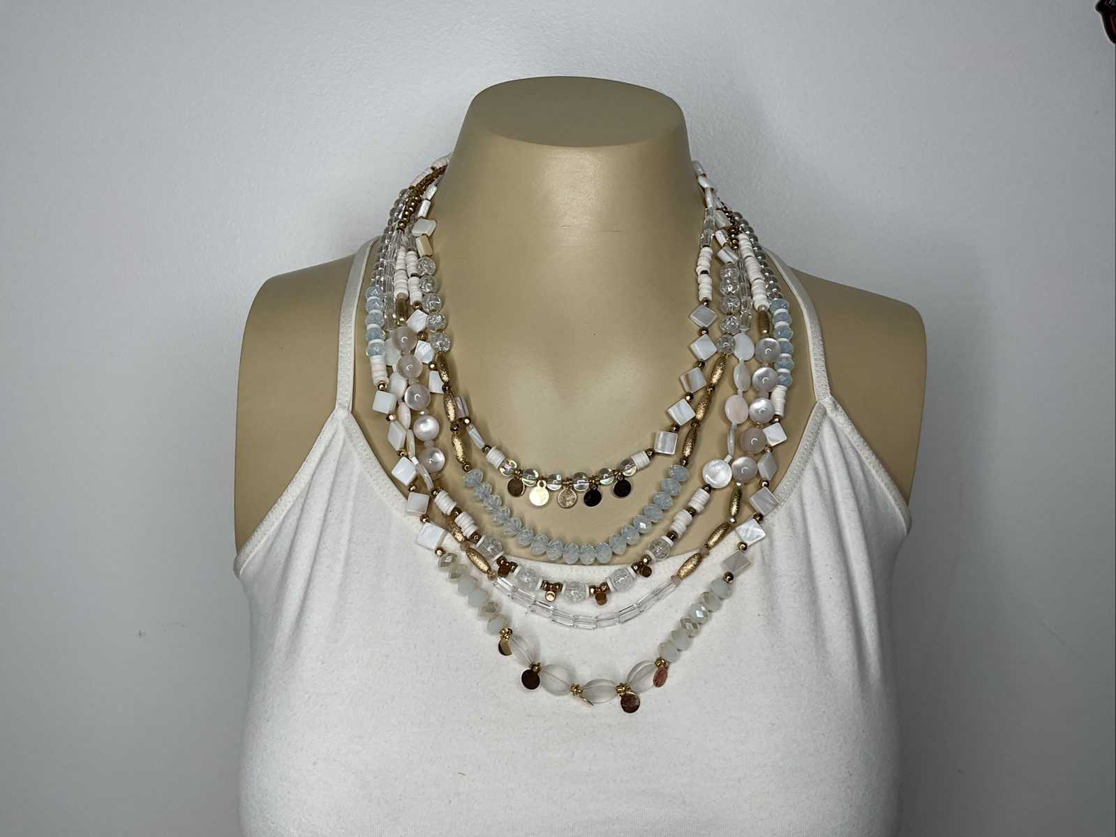 INC International Concepts White Bead Layered Bib Necklace Gold Tone 985