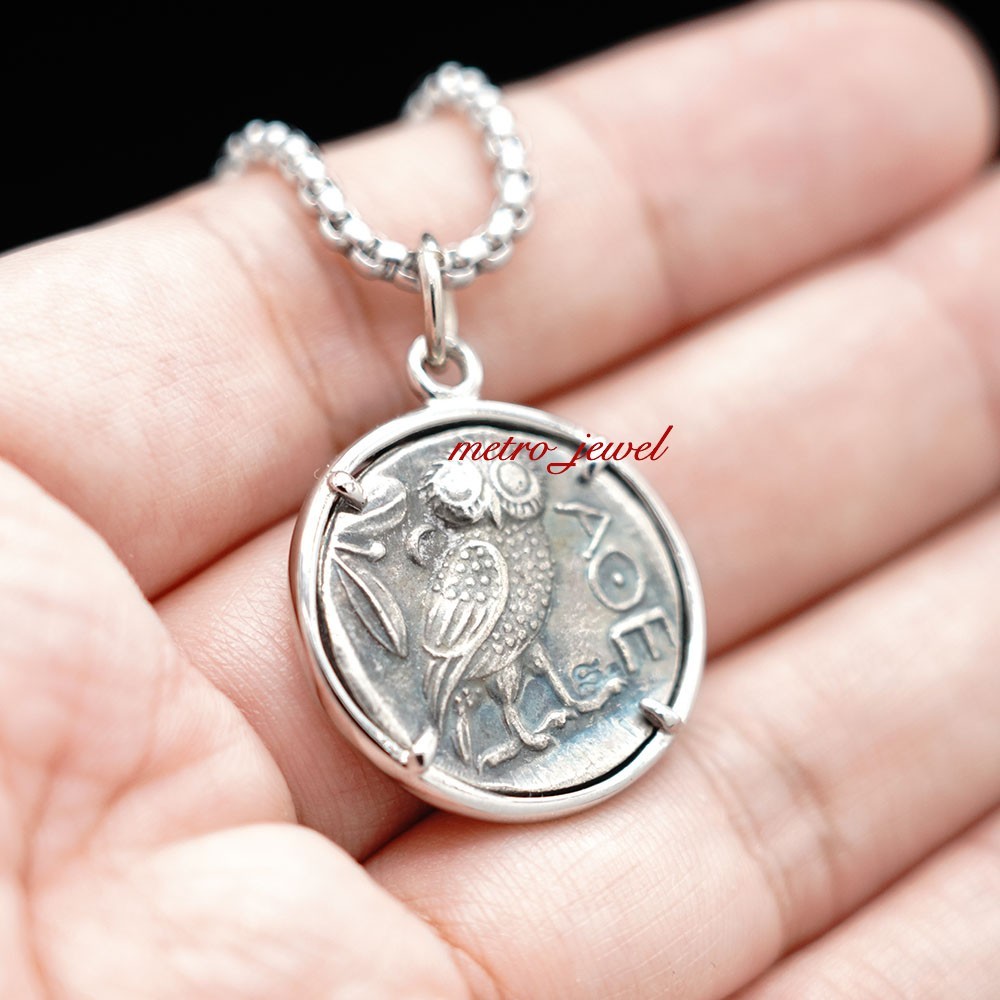 Womens Mens Vintage Copper Ancient Greek Owl Bird Athena Coin Pendant Necklace