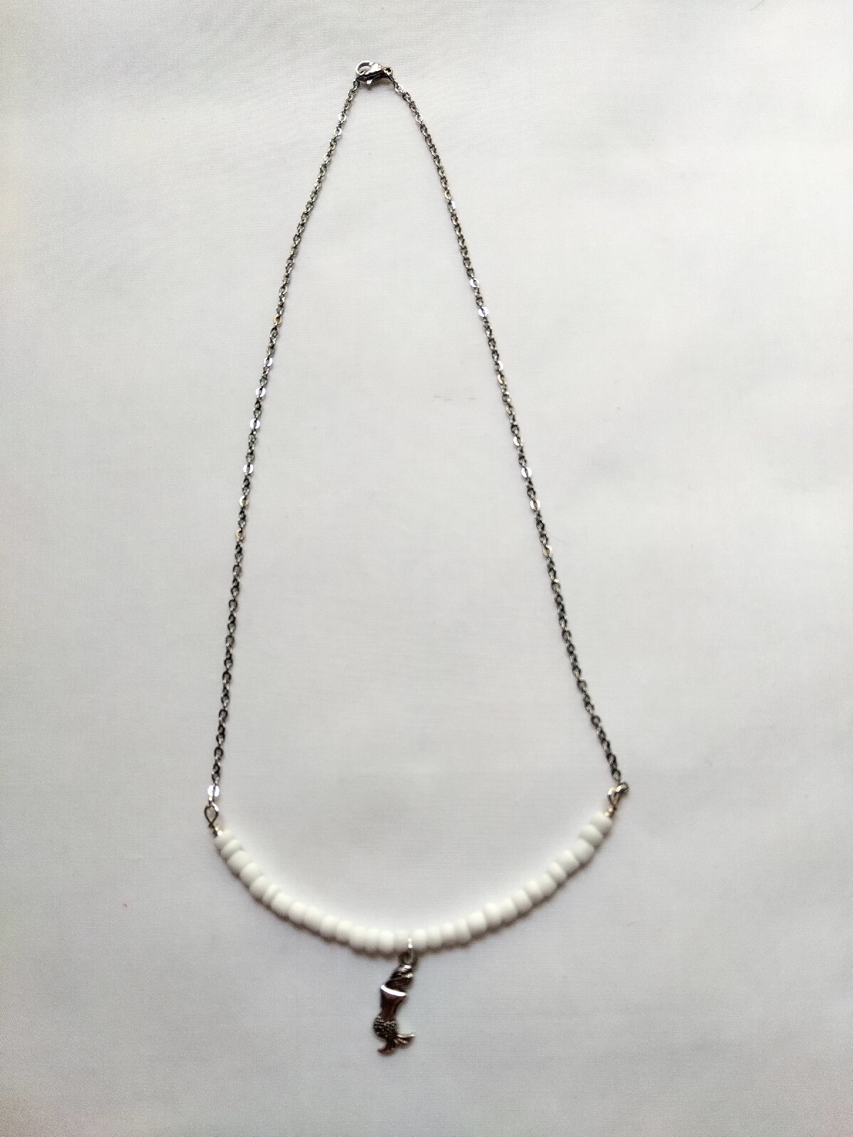Silver Tone Mermaid Charm White Glass Bead Necklace Handmade Beach Boho Chic