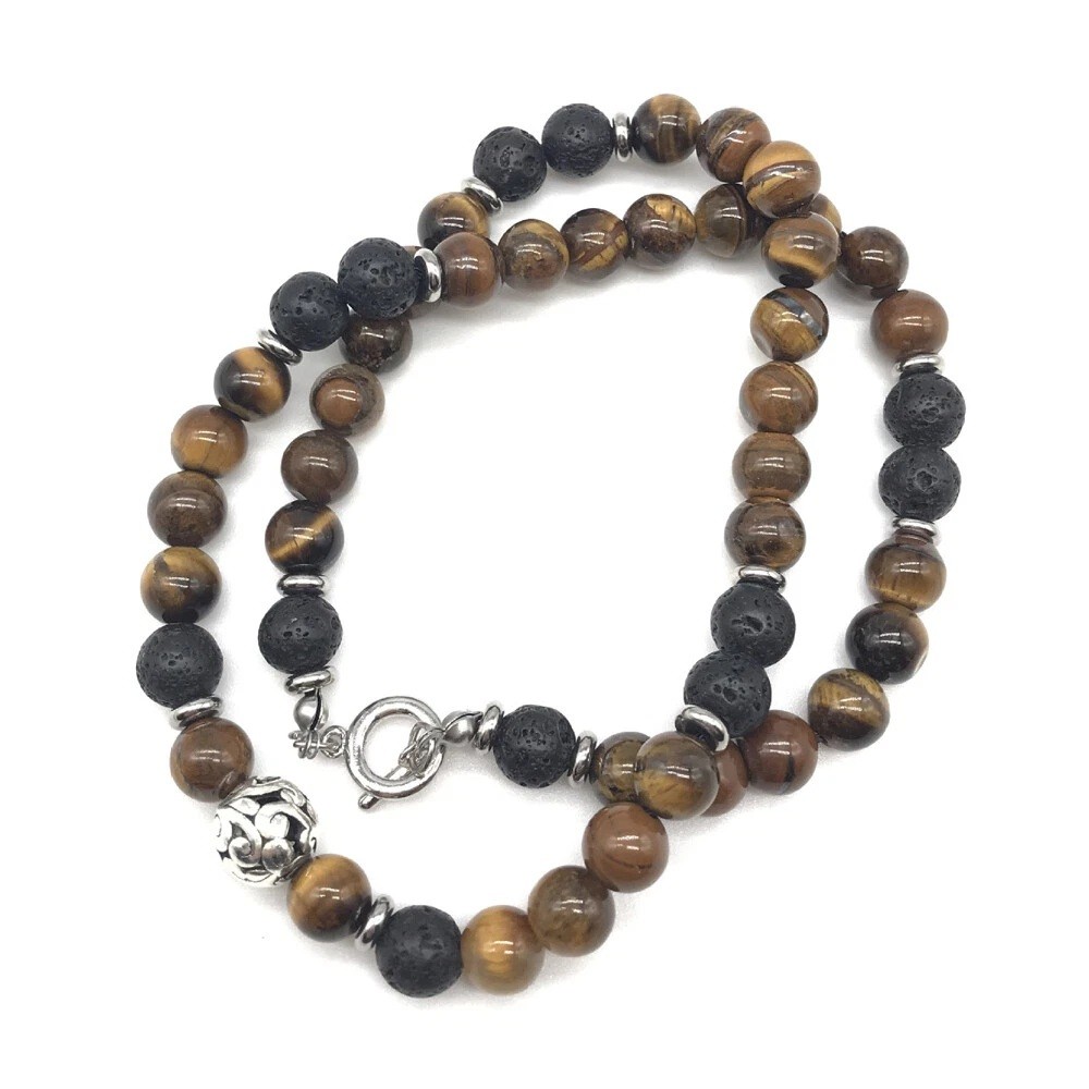 24″ Men’s 8mm Natural Tiger Eye Lava Bead Necklace Stainless Steel Toggle Gift
