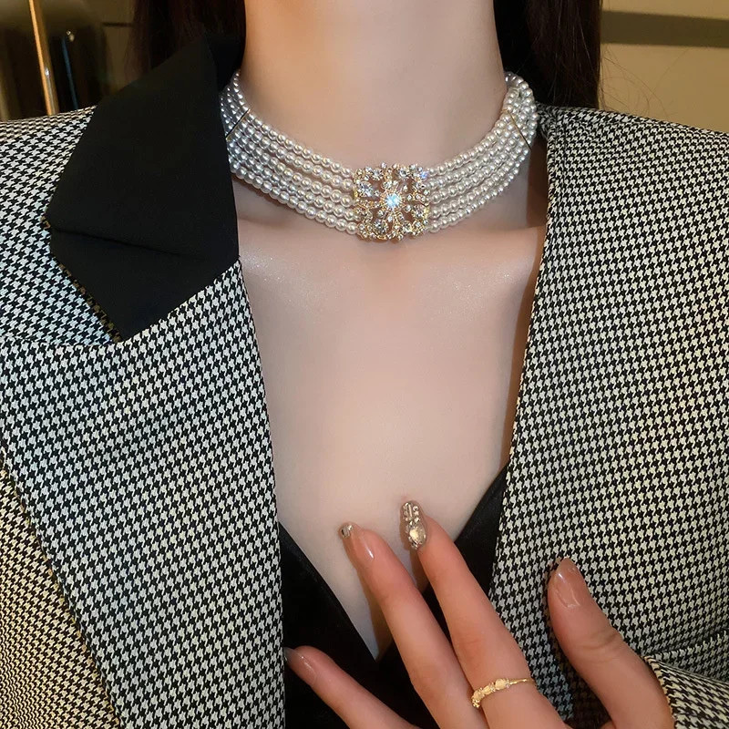 Simulated Pearl Necklace Multilayer Link Chain Classic Wedding Women Jewelry