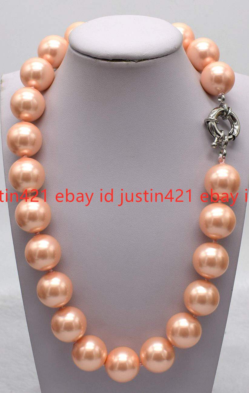 Huge 18mm Natural Pink Shell Pearl Round Beads Necklace 16-36″（Not real pearls）