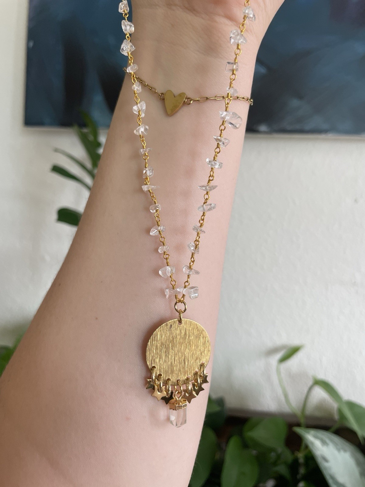 Brass Disc Quartz Rosary Chain Beaded Necklace w/ Crystal Drop & Tiny Stars