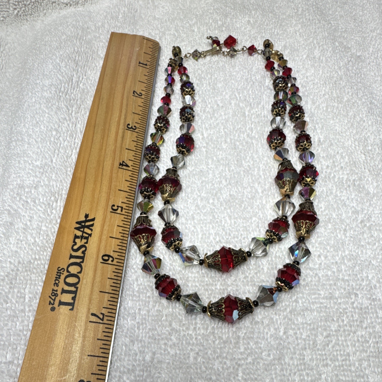 Layered Double Strand Red & Clear Austrian Crystal Bead Necklace Gold Tone