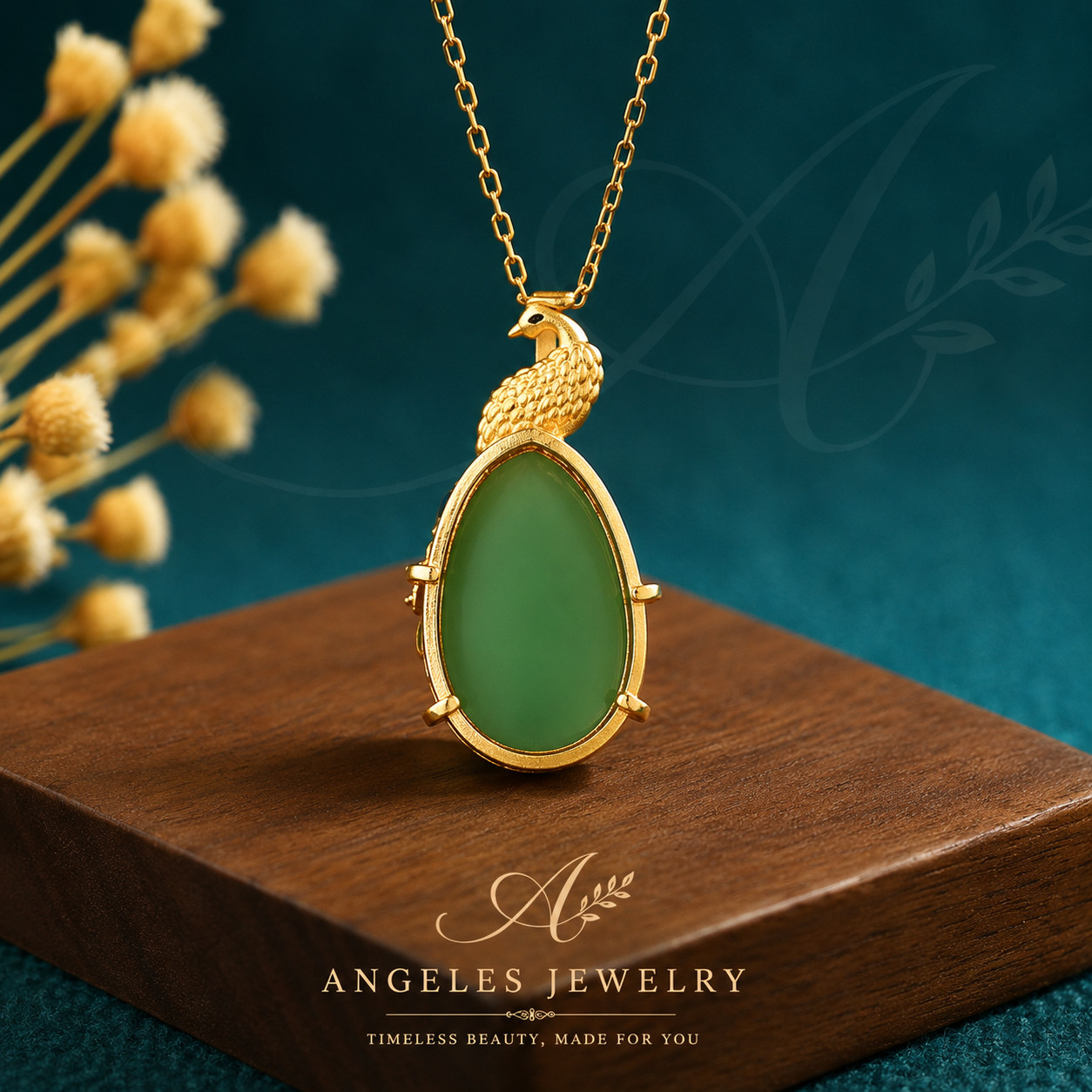 Jade Pendant Necklace Charm 18K Gold Plated Chain Phoenix Bird Dainty Gemstone